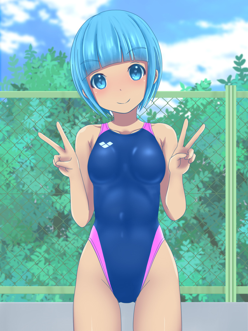 1girl arena_(company) bangs blue_eyes blue_hair blue_sky blue_swimsuit blunt_bangs breasts bush chain-link_fence clouds collarbone commentary_request competition_swimsuit cowboy_shot day double_v eyebrows_visible_through_hair fence highleg highleg_swimsuit highres logo looking_at_viewer one-piece_swimsuit original outdoors short_hair sky small_breasts solo standing swimsuit v yonesuke_(yonesukesuke)