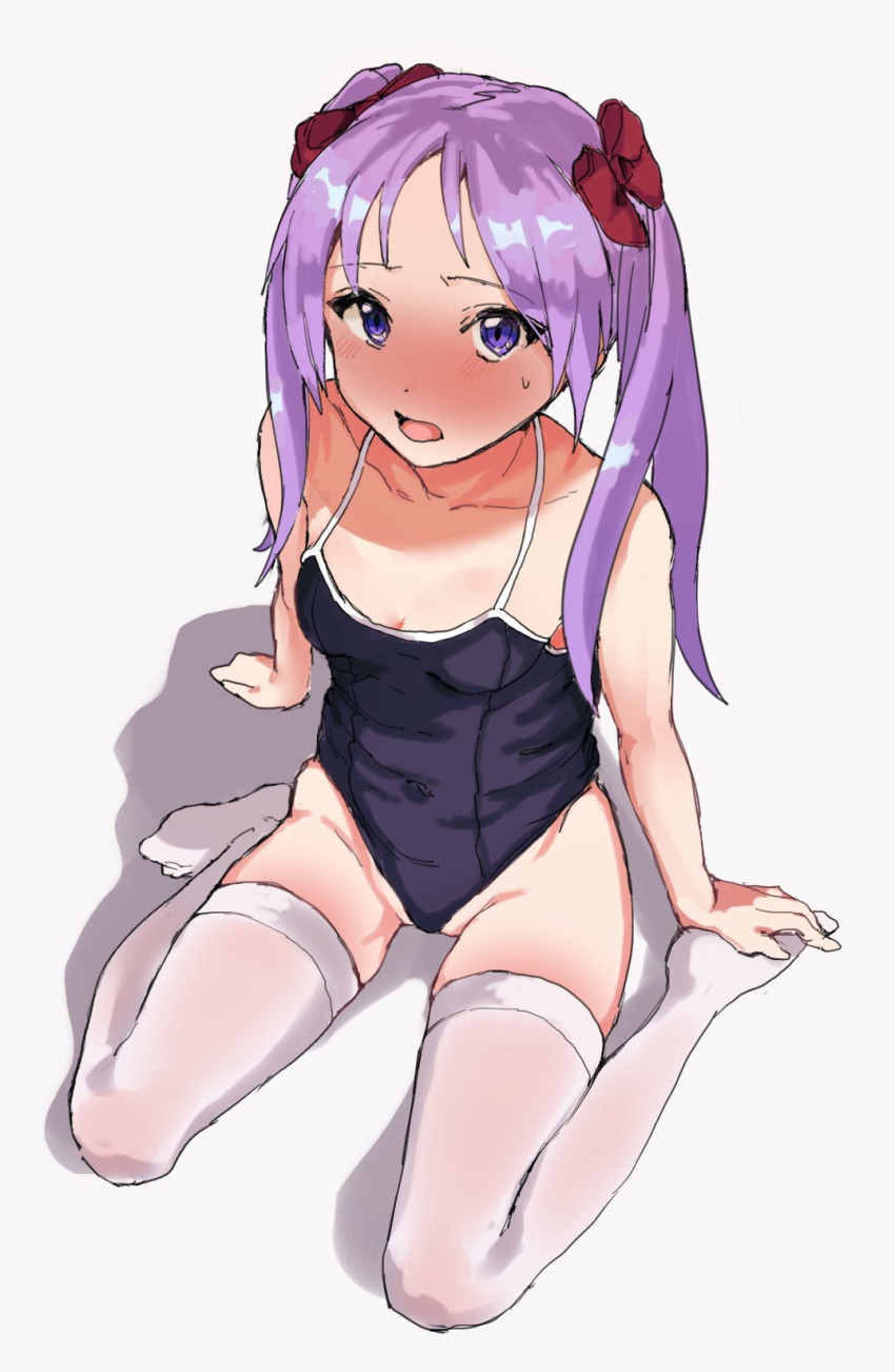 1girl blue_swimsuit blush bow breasts covered_navel hair_bow highres hiiragi_kagami inchore long_hair lucky_star navel one-piece_swimsuit one_eye_closed open_mouth purple_hair red_bow school_swimsuit sketch small_breasts solo swimsuit thigh-highs twintails violet_eyes water white_legwear