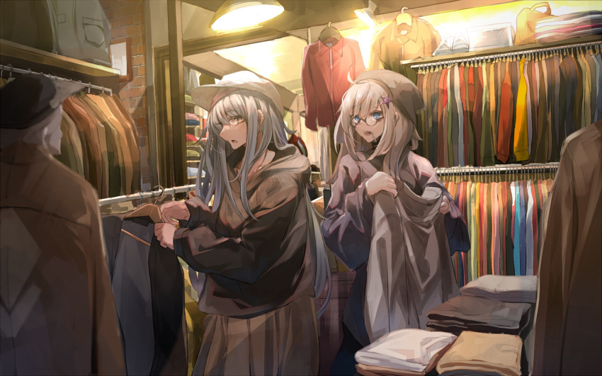 2girls aa-12_(girls_frontline) ahoge baseball_cap blouse blue_eyes candy clothes dress food food_in_mouth g11_(girls_frontline) girls_frontline hangar hat highres hood hoodie jacket lamp lollipop miyabino_(miyabi1616) multiple_girls shirt shoes shop shopping silver_hair yellow_eyes