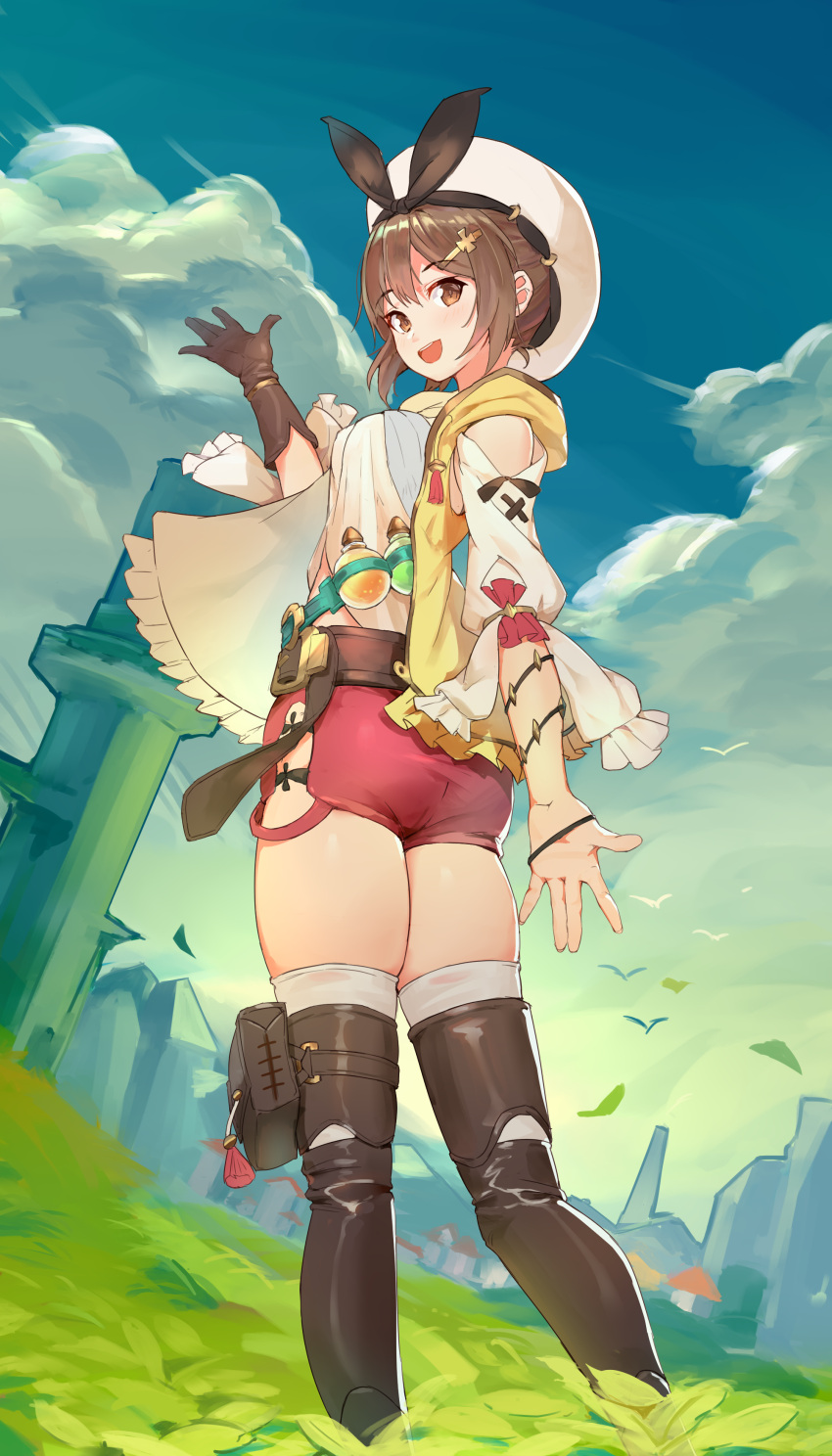 1girl :d absurdres ass atelier_(series) atelier_ryza belt blue_sky brown_belt brown_eyes brown_gloves brown_hair brown_legwear clouds day eyebrows_visible_through_hair from_behind gloves grass hair_ornament hairclip hat highres looking_at_viewer open_mouth outdoors red_shorts reisalin_stout short_hair short_shorts shorts single_glove sky smile solo standing teeth thigh-highs thighs upper_teeth white_headwear white_legwear wind_gone_rain_cease