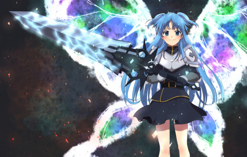 1girl armor bangs belt belt_buckle black_gloves black_skirt blue_eyes blue_hair blush buckle butterfly_wings chtholly_nota_seniorious closed_mouth commentary_request dress eyebrows_visible_through_hair gloves highres holding holding_sword holding_weapon long_hair long_sleeves looking_at_viewer nekoroberu shuumatsu_nani_shitemasu_ka? simple_background skirt smile solo standing sword two_side_up very_long_hair weapon wings