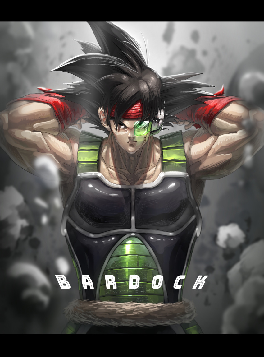 1boy absurdres adjusting_clothes adjusting_headwear armor arms_up backlighting bandana bardock black_eyes black_hair blurry blurry_background character_name collarbone commentary_request dragon_ball dragon_ball_z expressionless floating_rock frown glowing grey_background haru8699 highres letterboxed looking_at_viewer male_focus monkey_tail muscle pectorals red_bandana scouter serious simple_background spiky_hair standing tail upper_body wristband