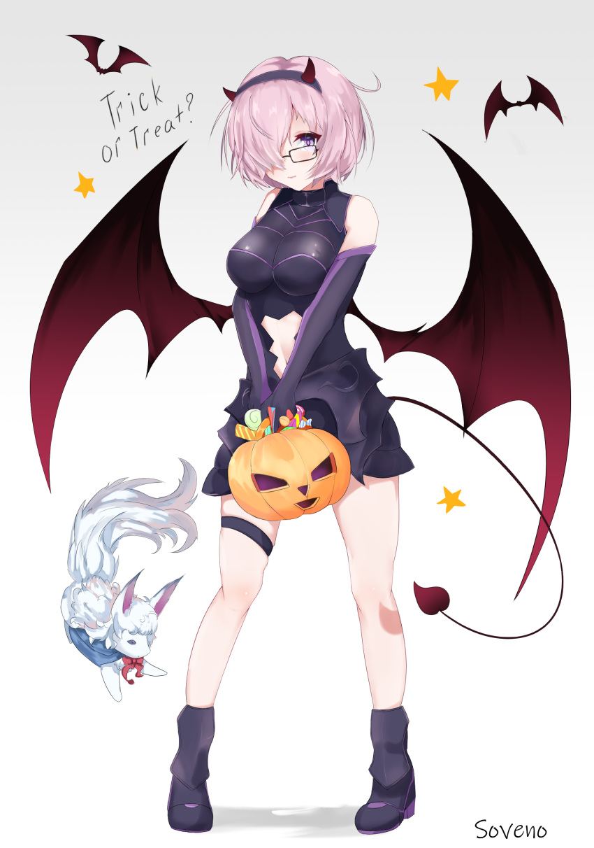 1girl absurdres artist_name bare_shoulders bat_wings blush boots breasts commentary_request fake_horns fate/grand_order fate_(series) fou_(fate/grand_order) glasses hair_ornament hair_over_one_eye halloween highres holding horns large_breasts looking_at_viewer mash_kyrielight navel pumpkin purple_hair short_hair simple_background solo soveno star tail trick_or_treat violet_eyes white_background wings