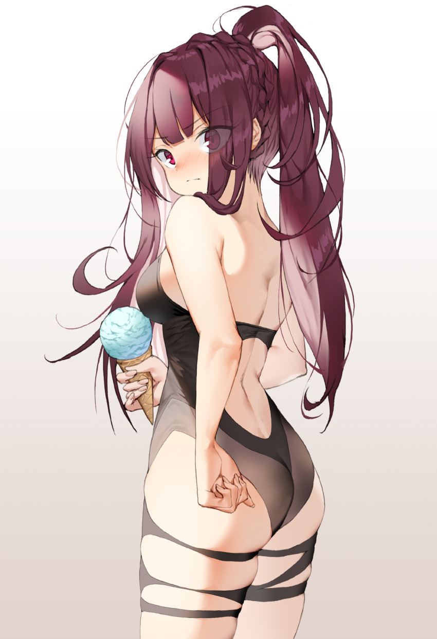 1girl ass back_cutout bangs bare_arms bare_back bare_shoulders black_swimsuit blunt_bangs blush braid breasts casual_one-piece_swimsuit closed_mouth commentary cowboy_shot eyes_visible_through_hair food from_behind girls_frontline gradient gradient_background grey_background highres holding holding_food ice_cream ice_cream_cone lee_seok_ho long_hair looking_at_viewer looking_back medium_breasts medium_hair one-piece_swimsuit purple_hair side_ponytail solo swimsuit v-shaped_eyebrows very_long_hair violet_eyes wa2000_(girls_frontline)