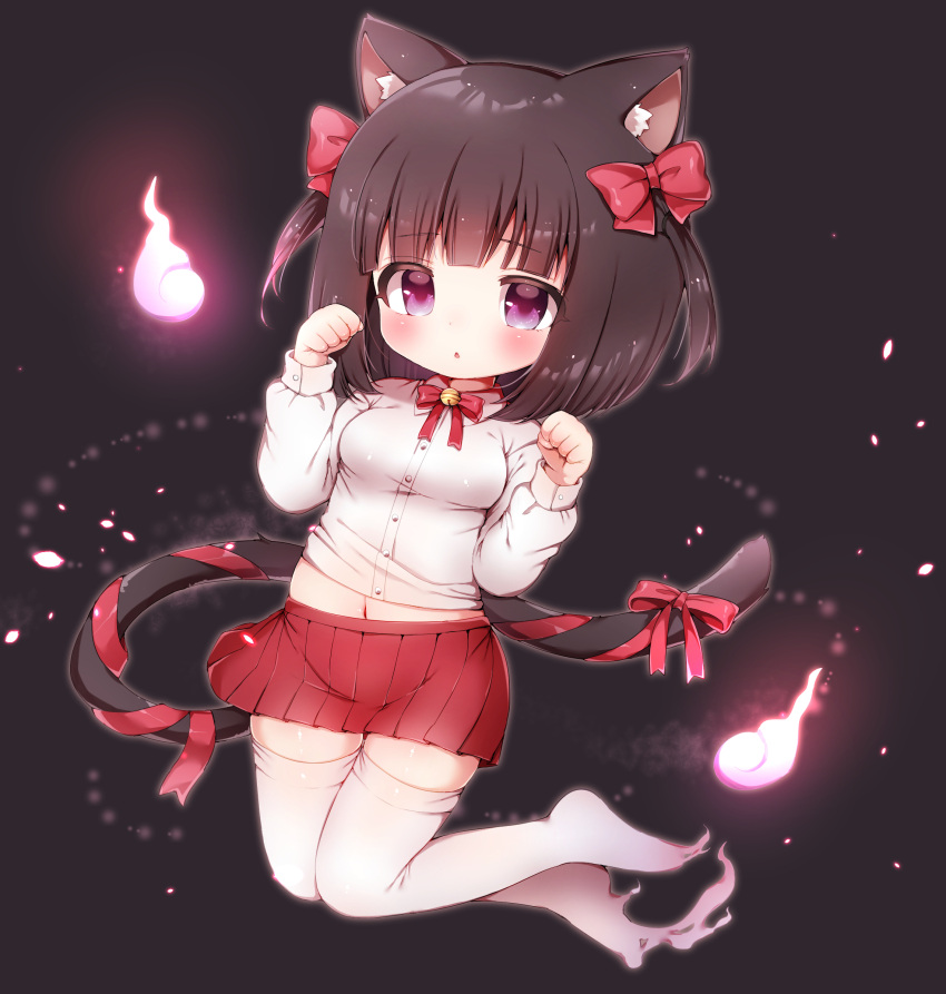 1girl animal_ear_fluff animal_ears arm_up black_background bow breasts brown_hair cat_ears cat_tail commentary_request floating full_body hair_bow highres hitodama midriff miniskirt navel original paw_pose pink_eyes red_skirt ribbon shirt short_hair simple_background skirt small_breasts solo tail tail_ribbon thigh-highs two_side_up white_legwear white_shirt