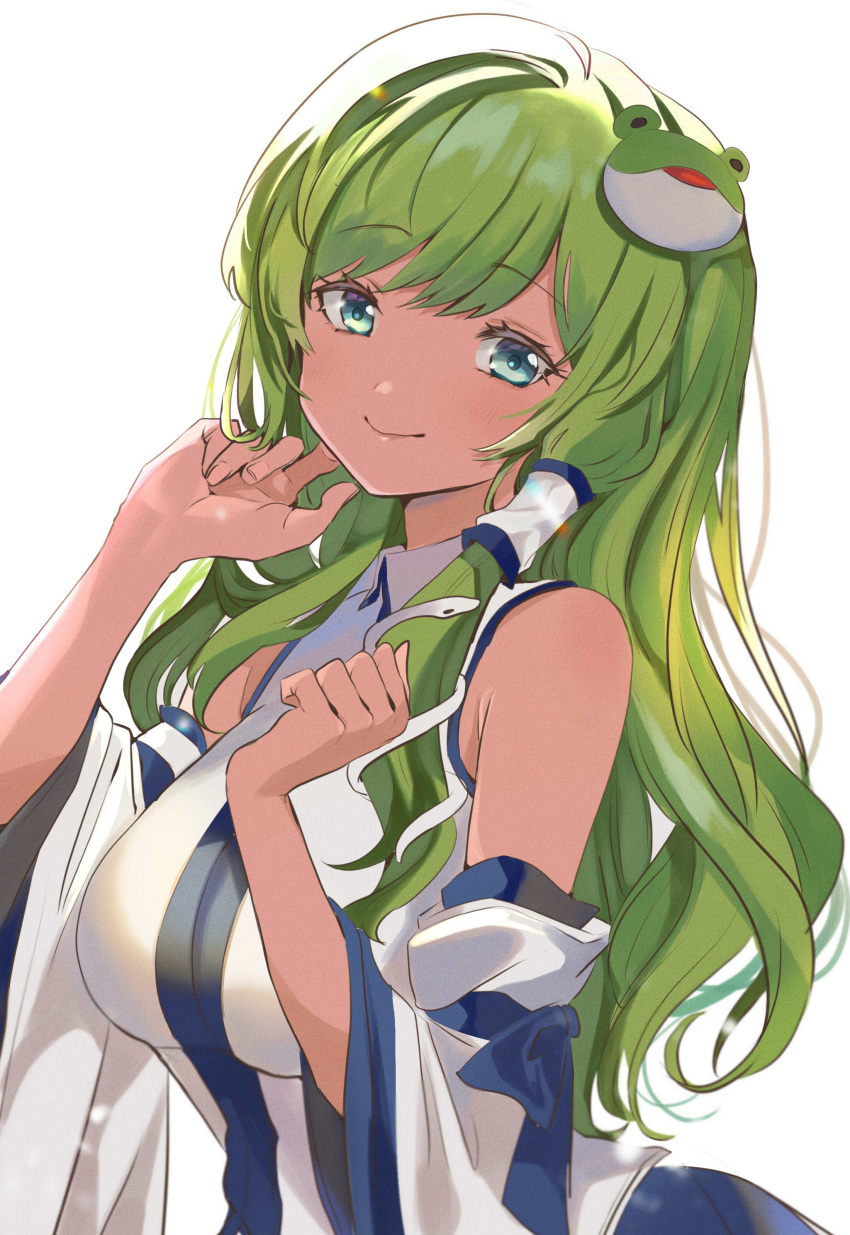 1girl absurdres bangs bare_shoulders blue_skirt breasts detached_sleeves eyebrows_visible_through_hair frog_hair_ornament green_eyes green_hair hair_ornament hair_tubes hands_up highres kochiya_sanae long_hair long_sleeves looking_at_viewer medium_breasts satoupote shirt simple_background single_sidelock skirt smile snake_hair_ornament solo touhou upper_body white_background white_shirt wide_sleeves