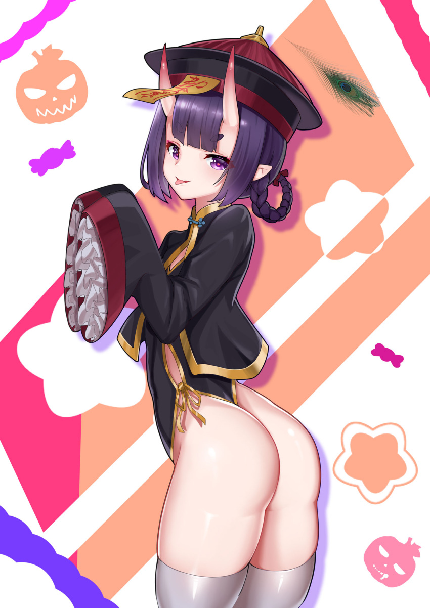1girl ass bangs black_dress bow braid commentary_request dress eyebrows_visible_through_hair fang fate/grand_order fate_(series) grey_legwear hair_bow halloween hands_up hat highres horns jack-o'-lantern jiangshi long_sleeves mo_ying_yu ofuda oni oni_horns parted_lips purple_hair qing_guanmao red_bow red_headwear short_dress short_eyebrows shuten_douji_(fate/grand_order) skindentation sleeves_past_fingers sleeves_past_wrists solo star thick_eyebrows thigh-highs tongue tongue_out violet_eyes wide_sleeves