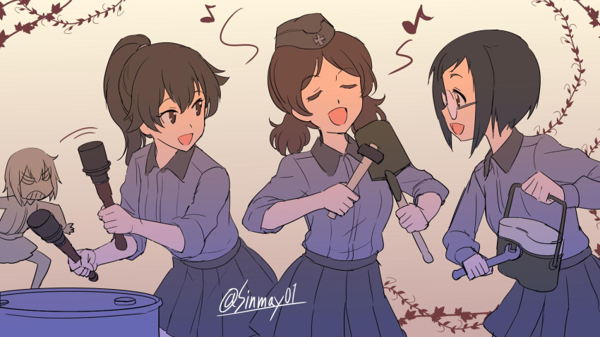 4girls :d angry bangs black_eyes black_hair black_headwear black_skirt brown_background brown_eyes brown_hair closed_eyes commentary dress_shirt drum_(container) eighth_note explosive extra eyebrows_visible_through_hair frown garrison_cap girls_und_panzer glasses gradient gradient_background grenade grey_shirt grimace hair_tie hammer hat highres holding insignia itsumi_erika ivy kuromorimine_school_uniform leaning_forward long_hair long_sleeves military_hat miniskirt motion_lines multiple_girls musical_note open_mouth pleated_skirt ponytail pot round_eyewear sangou_(girls_und_panzer) school_uniform shinmai_(kyata) shirt shovel skirt sleeves_rolled_up smile stielhandgranate swept_bangs twintails twitter_username v-shaped_eyebrows v-shaped_eyes wrench