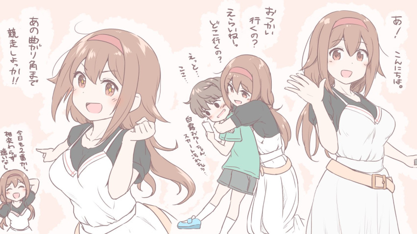 +_+ 1boy 1girl ^_^ belt black_shirt blush brown_hair closed_eyes commentary_request dress green_shirt hair_flaps hand_behind_head headband hug hug_from_behind kantai_collection kneehighs red_headband remodel_(kantai_collection) shiratsuyu_(kantai_collection) shirt shoes short_hair shorts star symbol-shaped_pupils t-shirt wamu_(chartreuse) white_dress