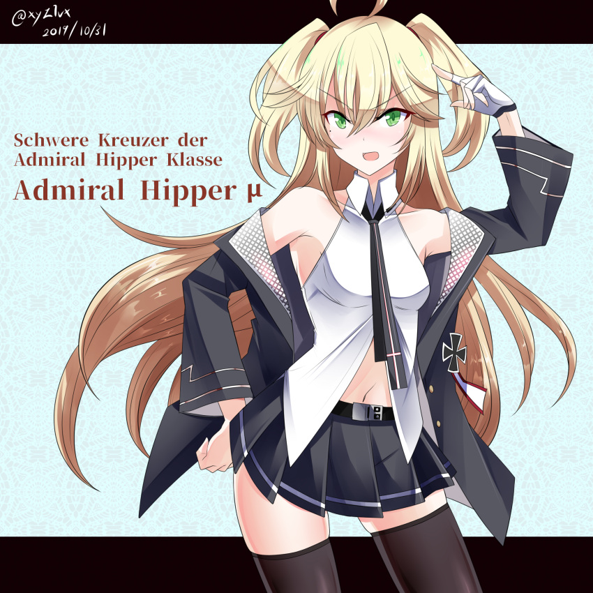 1girl admiral_hipper_(azur_lane) admiral_hipper_(muse)_(azur_lane) ahoge alpha_signature azur_lane bangs black_jacket black_legwear black_neckwear black_skirt blush breasts character_name collared_shirt cowboy_shot dated eyebrows_visible_through_hair fingerless_gloves gloves hebitsukai-san highres idol iron_cross jacket long_hair miniskirt navel necktie open_clothes open_jacket open_mouth pleated_skirt shirt single_glove skirt sleeveless sleeveless_shirt small_breasts solo thigh-highs twitter_username two_side_up white_gloves white_shirt