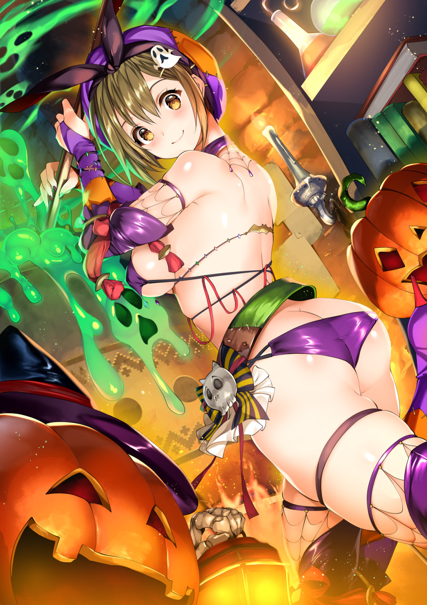 1girl ass asymmetrical_bangs atelier_(series) atelier_ryza back bangs belt bikini blush breasts bridal_gauntlets brown_eyes brown_hair butt_crack candle closed_mouth covered_nipples gloves hair_ornament hairband hairclip halloween hat highres jack-o'-lantern lips looking_at_viewer looking_back lowleg lowleg_bikini medium_breasts multi-strapped_bikini nail_polish pumpkin purple_bikini purple_gloves purple_headwear purple_legwear reisalin_stout short_hair shoulder_blades sidelocks skindentation smile solo string_bikini swimsuit tamiya_akito thigh-highs thigh_strap thighs