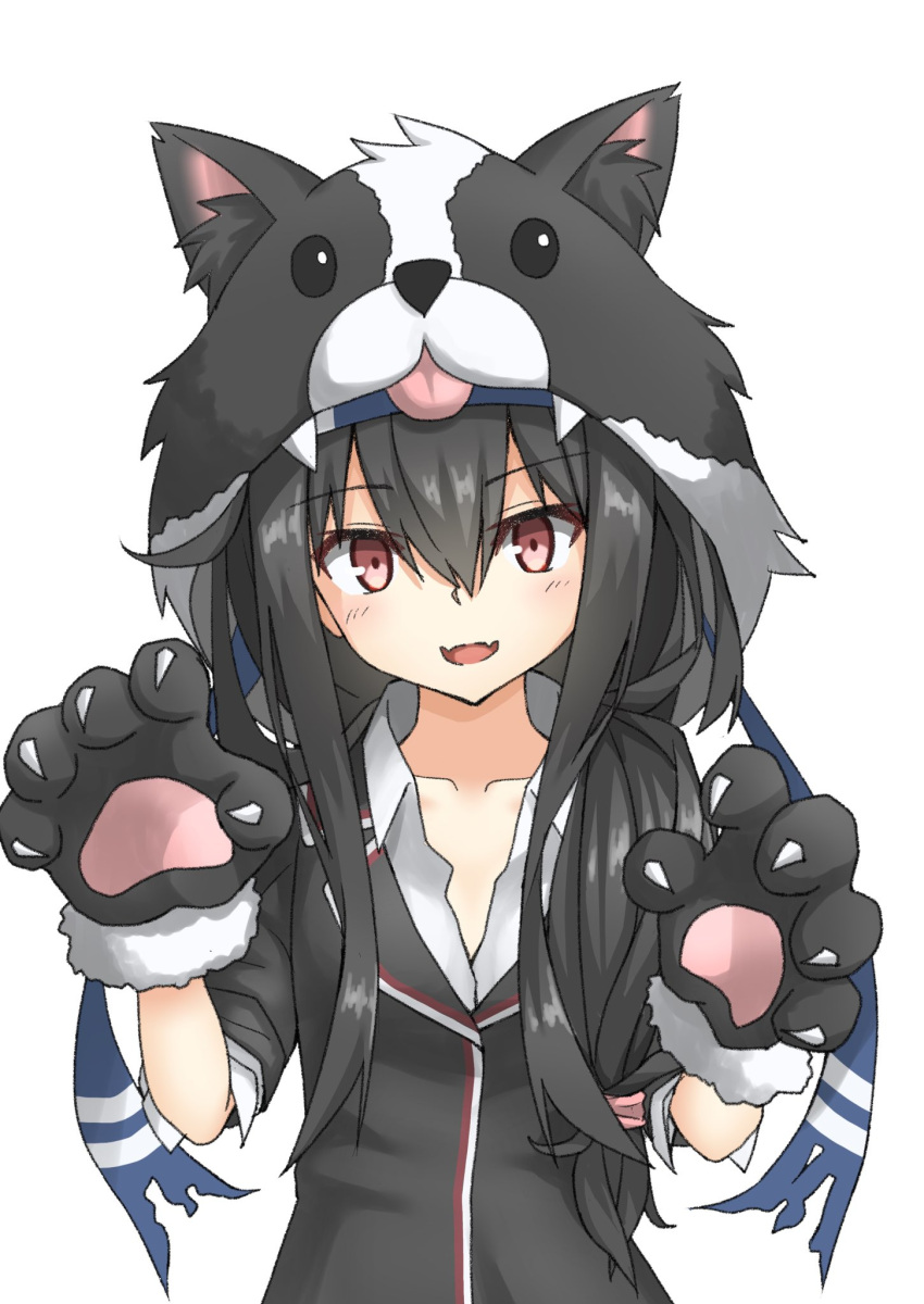 1girl animal_hood black_hair blazer commentary_request dog_hood fangs gloves hatsushimo_(kantai_collection) headband highres hood jacket kantai_collection long_hair looking_at_viewer low-tied_long_hair paw_gloves paw_pose paws red_eyes remodel_(kantai_collection) school_uniform simple_background skin_fangs solo umino_ht upper_body white_background