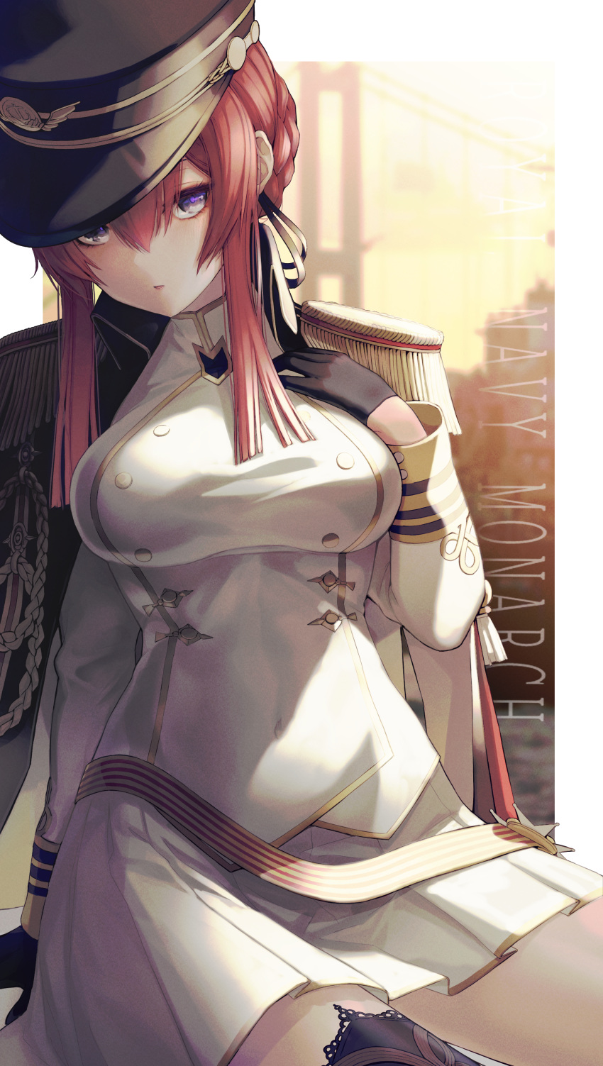 1girl absurdres azur_lane bangs black_coat black_gloves black_headwear black_legwear blurry blurry_background braid breasts character_name covered_navel crown_braid epaulettes gloves hair_between_eyes hat head_tilt highres huskk jacket jacket_on_shoulders jewelry large_breasts long_hair looking_at_viewer military military_jacket military_uniform monarch_(azur_lane) parted_lips peaked_cap pleated_skirt redhead sidelocks skirt solo sunset thigh-highs uniform white_jacket white_skirt