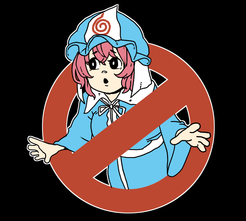 1girl :o absurdres black_background black_eyes blue_dress blue_headwear chanta_(ayatakaoisii) dress eyebrows_visible_through_hair ghostbusters hat highres logo logo_parody long_sleeves mob_cap no_symbol outstretched_arms parody pink_hair robe saigyouji_yuyuko short_hair simple_background solo touhou triangular_headpiece