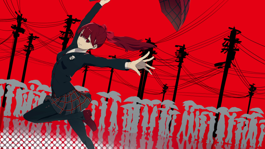 1girl arched_back arms_up black_jacket black_legwear black_skirt blazer bow breasts closed_mouth commentary_request crowd dancing emblem hair_bow highres holding holding_umbrella jacket kumamoto_nomii-kun leg_up loafers long_hair long_sleeves outstretched_arms pantyhose persona persona_5 plaid plaid_skirt ponytail red_background red_bow red_eyes red_footwear redhead reflection school_uniform shoes shuujin_academy_uniform silhouette skirt small_breasts smile solo_focus telephone_pole umbrella yoshizawa_kasumi