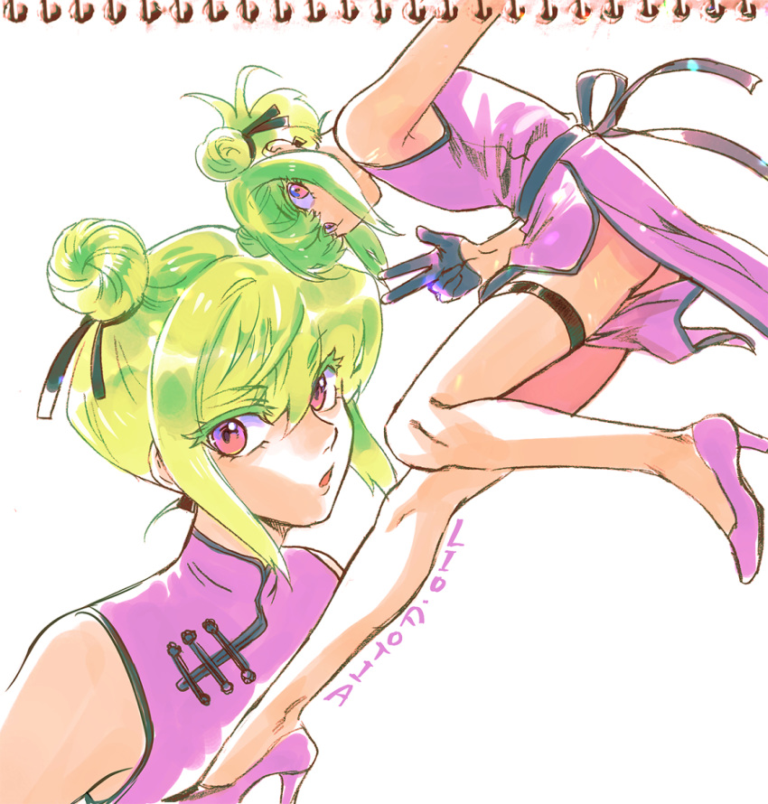 1boy bangs bhh4321 character_name china_dress chinese_clothes crossdressinging double_bun dress eyebrows_visible_through_hair gloves hair_ribbon half_gloves high_heels highres lio_fotia looking_at_viewer male_focus otoko_no_ko promare ribbon side_slit simple_background solo violet_eyes w white_background