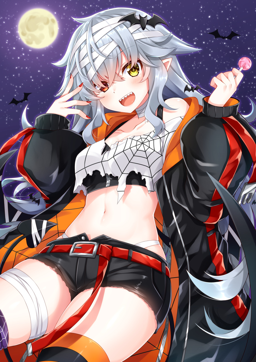 +_+ 1girl :d absurdres bandaged_leg bandaged_neck bandages bare_shoulders bat bat_hair_ornament belt black_jacket black_shorts breasts collarbone commentary_request cowboy_shot crop_top cutoffs demon_girl demon_tail full_moon grey_hair hair_ornament halloween hands_up heterochromia highleg highres holding_lollipop jacket komori_kuzuyu long_hair looking_at_viewer medium_breasts midriff moon nail_polish navel night night_sky off_shoulder open_clothes open_jacket open_mouth original pointy_ears puffy_sleeves red_eyes red_nails sharp_teeth shirt short_shorts shorts sidelocks sky smile solo star_(sky) starry_sky stomach striped striped_legwear symbol-shaped_pupils tail teeth thigh-highs thighs torn_clothes torn_shirt undershirt white_shirt yellow_eyes