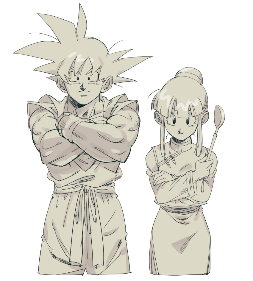 1boy 1girl bangs black_eyes blunt_bangs chi-chi_(dragon_ball) china_dress chinese_clothes couple crossed_arms dougi dragon_ball dragon_ball_z dress eyelashes fingernails greyscale hair_bun hair_over_eyes hetero highres hime_cut holding holding_spoon hpoono_(0159) looking_at_viewer monochrome muscle shaded_face shiny shiny_skin sidelocks simple_background smile son_gokuu soup_ladle spiky_hair spoon standing upper_body v-shaped_eyebrows white_background wristband