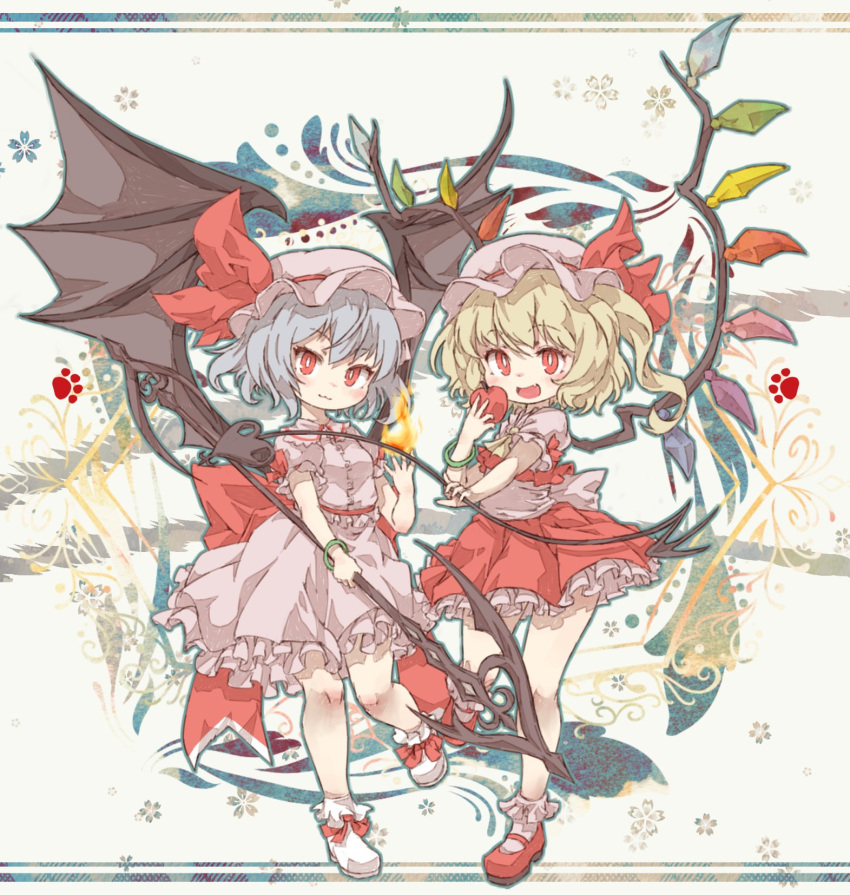 2girls :3 apple blonde_hair blush bow chibi closed_mouth eyebrows_visible_through_hair fang fire flandre_scarlet food fruit hat highres holding holding_food holding_fruit kolshica lavender_hair looking_at_viewer mob_cap multiple_girls open_mouth red_bow red_eyes red_footwear remilia_scarlet short_hair smile touhou white_footwear wings