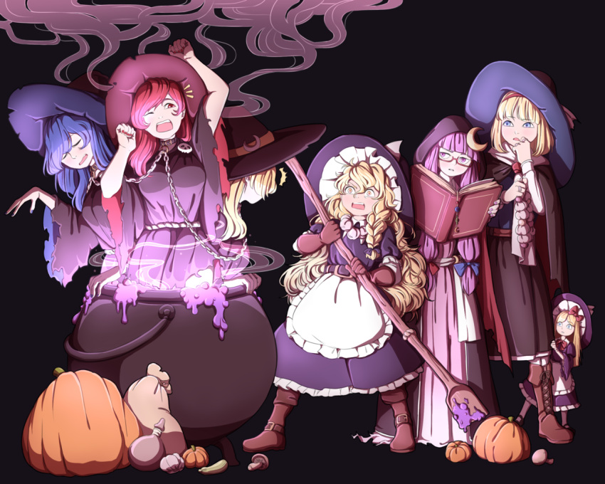 alice_margatroid apron black_background black_dress blonde_hair blue_dress blue_eyes blue_hair book boots bow braid buttons capelet cauldron chain crescent crescent_hair_ornament doll dress frilled_dress frilled_sleeves frills garlic hair_ornament hairband halloween hat hat_ribbon hecatia_lapislazuli hecatia_lapislazuli_(earth) hecatia_lapislazuli_(moon) kirisame_marisa long_hair mefomefo moon_(ornament) multiple_girls patchouli_knowledge puffy_short_sleeves puffy_sleeves pumpkin purple_hair red_eyes red_ribbon redhead ribbon shanghai_doll short_hair short_sleeves simple_background touhou violet_eyes waist_apron white_bow witch witch_costume witch_hat wooden_spoon yellow_eyes