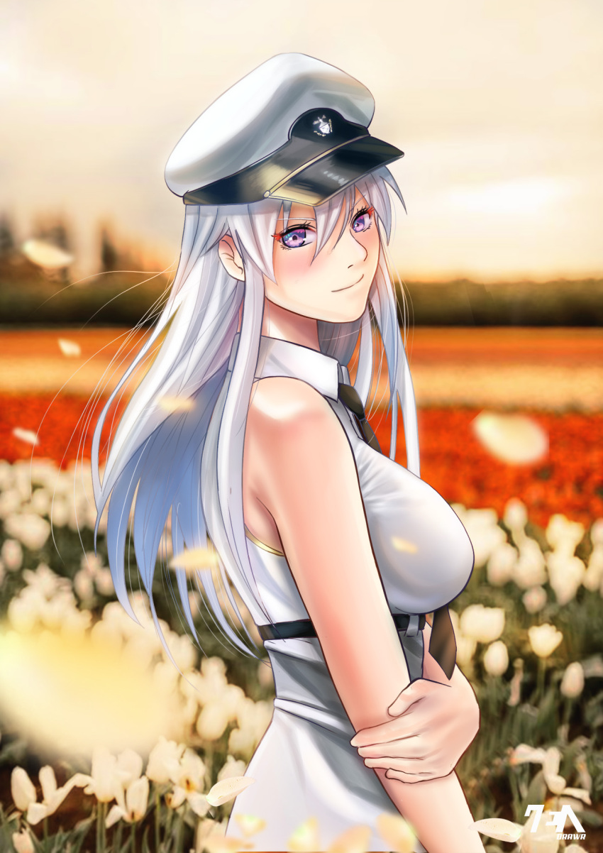 1girl azur_lane belt black_belt black_neckwear breasts commentary_request cowboy_shot enterprise_(azur_lane) halloween hat highres large_breasts long_hair military_hat peaked_cap petals shirt sideboob silver_hair sleeveless sleeveless_shirt smile underbust very_long_hair violet_eyes white_background white_headwear zendrawr