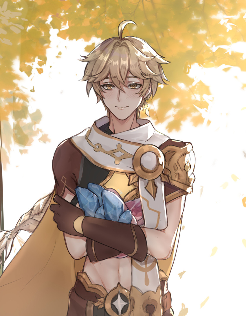 1boy aether_(genshin_impact) ahoge bangs blonde_hair blush braid brown_gloves earrings gem genshin_impact gloves ha_ze hair_between_eyes highres holding holding_gem holding_rock jewelry leaf long_hair male_focus navel rock short_sleeves single_braid single_earring smile solo tree very_long_hair yellow_eyes