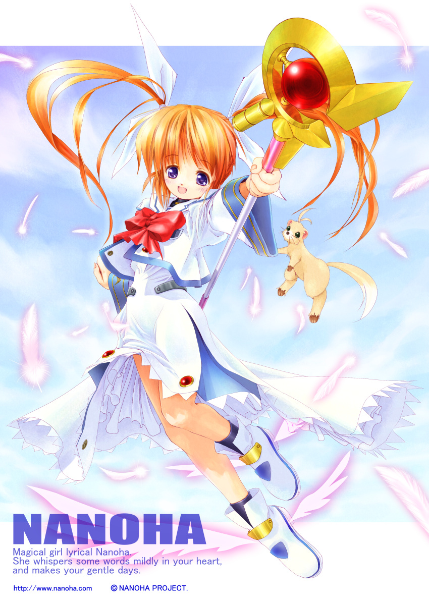 1girl absurdres blush boots bow character_name copyright_name feathers ferret floating floating_hair highres huge_filesize jacket left-handed looking_at_viewer lyrical_nanoha magical_girl mahou_shoujo_lyrical_nanoha raising_heart redhead shoes sky smile solo source_request staff takamachi_nanoha tom_(1art.) twintails uniform upskirt violet_eyes watermark web_address winged_shoes wings yuuno_scrya