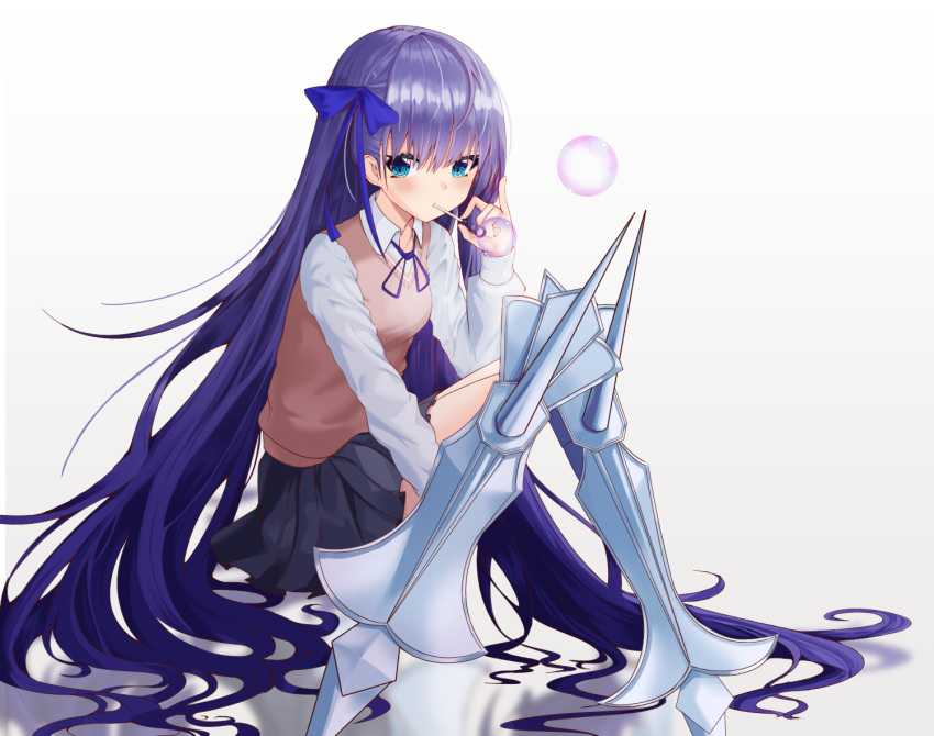 1girl alternate_costume bangs blue_eyes blue_ribbon blue_skirt blush breasts bubble bubble_blowing collared_shirt commentary fate/extra fate/extra_ccc fate/grand_order fate_(series) hair_ribbon knees_up long_hair long_sleeves meltryllis neck_ribbon pleated_skirt prosthesis purple_hair purple_ribbon ribbon school_uniform shirt sitting skirt small_breasts solo sweater_vest uniform very_long_hair walletbreaker