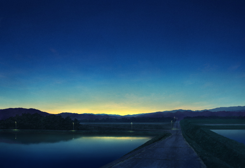 lake lamppost mks no_humans original outdoors road scenery sky sunset
