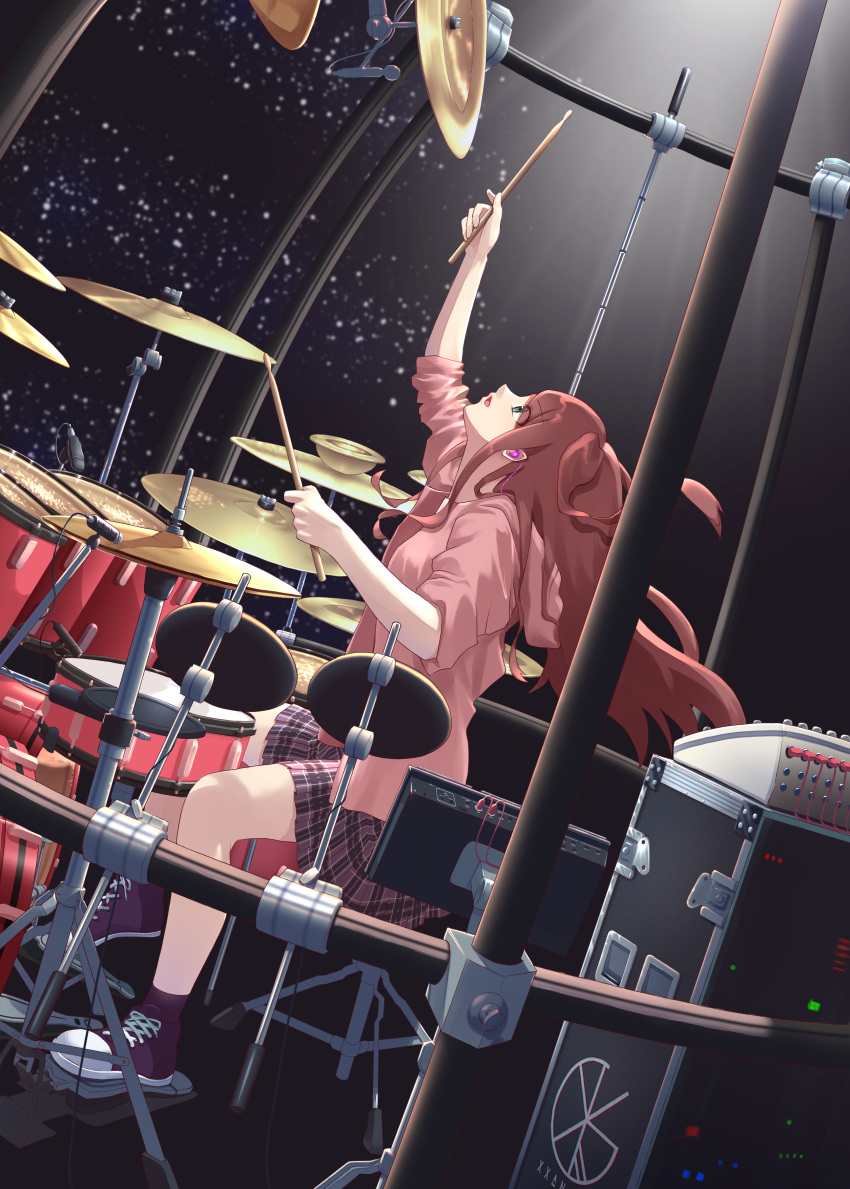 1girl absurdres akabane_youko brown_hair cymbals dark_background drum drum_set drumsticks dutch_angle earphones earphones eyes_visible_through_hair green_eyes guitaro_(yabasaki_taro) hi-hat highres hood hoodie indoors instrument long_hair looking_up music nijisanji pedal plaid plaid_skirt playing_instrument profile shoes sitting skirt sneakers socks solo stool virtual_youtuber