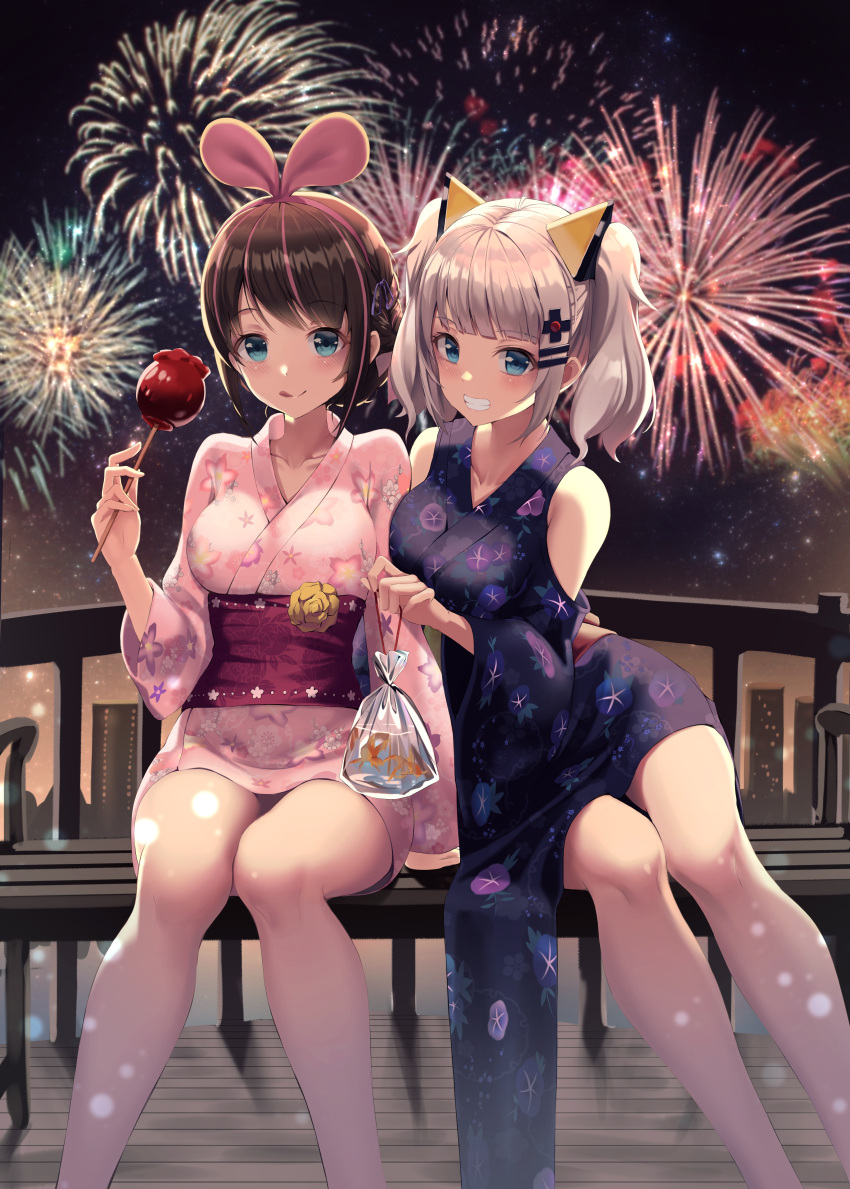 2girls :d :q a.i._channel absurdres bag bagged_fish bare_legs bare_shoulders bench blue_eyes blush breasts brown_hair candy_apple cityscape closed_mouth collarbone d-pad d-pad_hair_ornament feet_out_of_frame fireworks fish floral_print food goldfish grin hair_between_eyes hair_ornament hairband hairclip herol highres holding holding_food huge_filesize japanese_clothes kaguya_luna kimono kizuna_ai leaning_to_the_side long_sleeves looking_at_viewer medium_breasts multicolored_hair multiple_girls night obi on_bench open_mouth outdoors park_bench pink_hair pink_hairband pink_kimono pink_ribbon print_kimono ribbon sash short_hair short_twintails shoulder_cutout sidelocks sitting smile streaked_hair summer_festival teeth the_moon_studio tongue tongue_out twintails water wide_sleeves