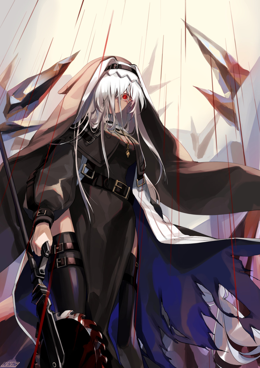 1girl absurdres arknights belt blood bloody_weapon breasts circular_saw commentary_request grey_capelet grey_robe habit highres holding holding_weapon jewelry long_hair long_sleeves looking_at_viewer necklace nun nys one_eye_covered red_eyes saw side_slit simple_background solo specter_(arknights) weapon white_hair