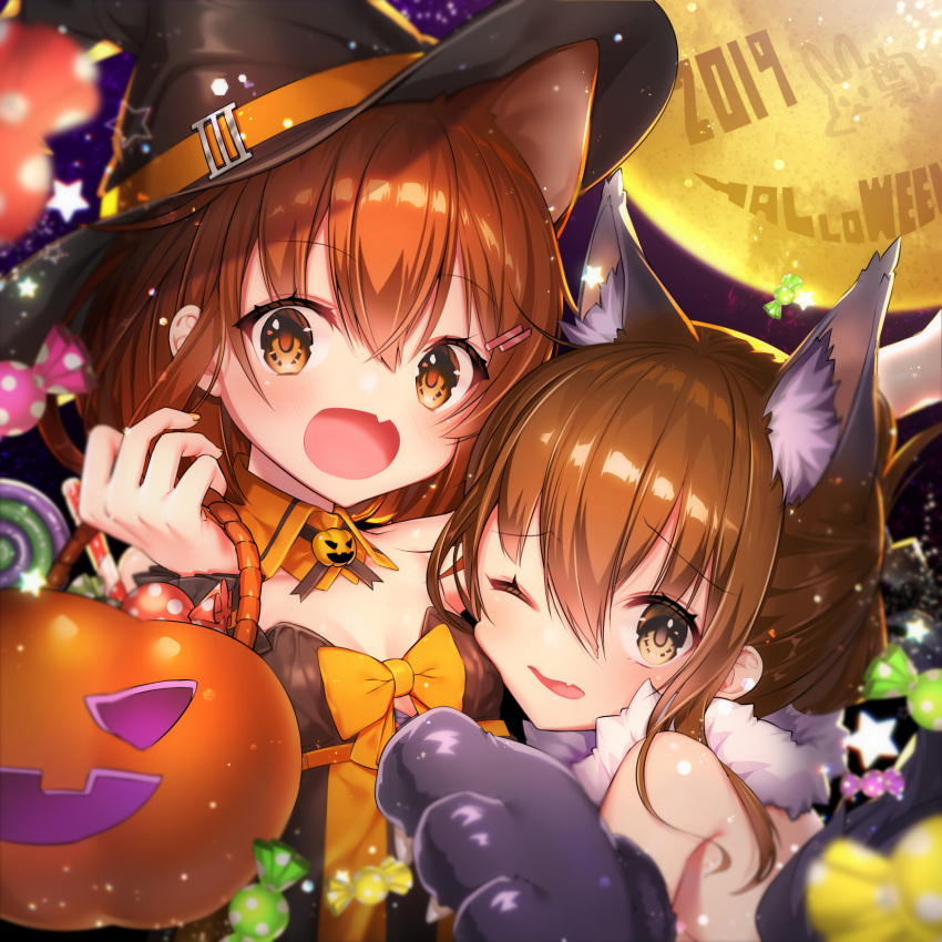 2019 2girls animal_ears blush brown_hair eyebrows_visible_through_hair haiba_09 hair_between_eyes hair_ornament hairclip halloween happy_halloween hat highres ikazuchi_(kantai_collection) inazuma_(kantai_collection) kantai_collection long_hair looking_at_viewer moon multiple_girls one_eye_closed open_mouth pumpkin rabbit short_hair smile star witch_hat wolf_ears wolf_paws