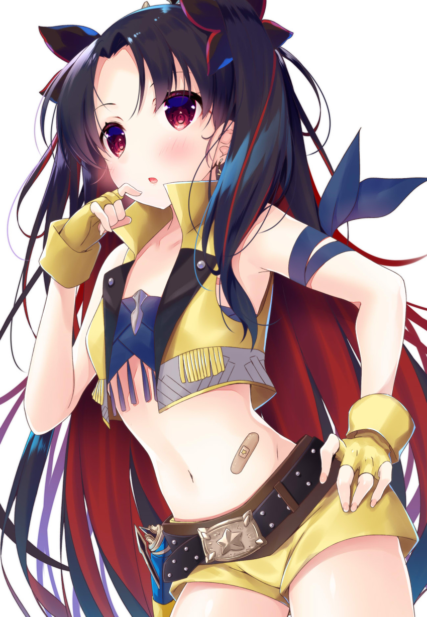 1girl bandaid bangs bare_shoulders belt belt_buckle black_belt black_hair black_ribbon blush buckle collarbone commentary_request earrings eyebrows_behind_hair fate/grand_order fate_(series) fingerless_gloves fingernails gloves hair_ribbon hands_on_hips highres ishtar_(fate/grand_order) jewelry ko_yu long_hair multicolored_hair nail_polish navel open_clothes open_vest parted_bangs parted_lips pink_nails red_eyes redhead ribbon short_shorts shorts simple_background solo space_ishtar_(fate) two-tone_hair very_long_hair vest white_background yellow_gloves yellow_shorts yellow_vest