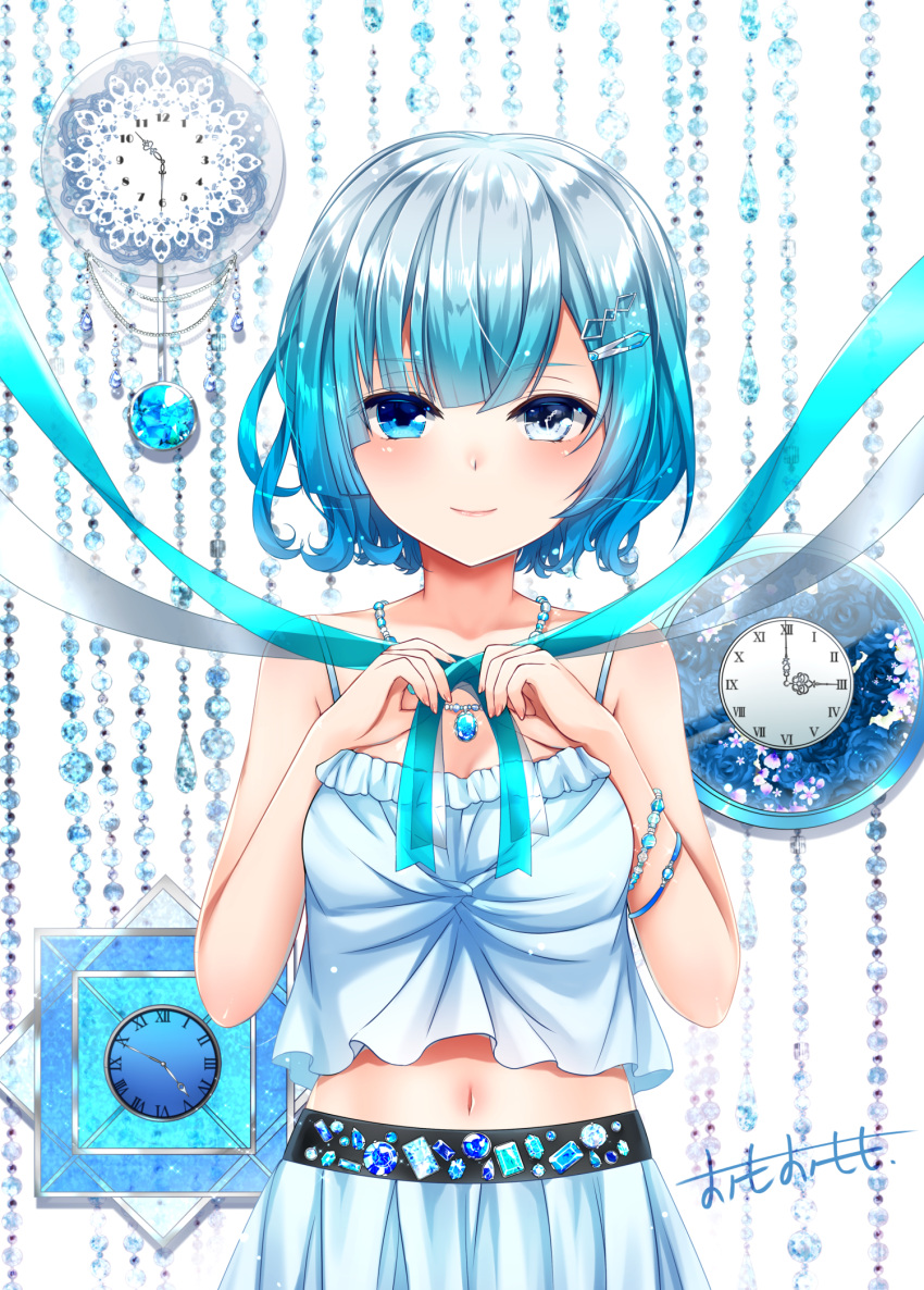 1girl bangs bare_arms bare_shoulders blue_camisole blue_eyes blue_hair blue_ribbon blue_skirt blush bracelet camisole clock closed_mouth commentary_request eyebrows_visible_through_hair fingernails gem hair_between_eyes hair_ornament hairclip highres jewelry omoomomo original pendant pleated_skirt revision ribbon roman_numerals signature skirt smile solo