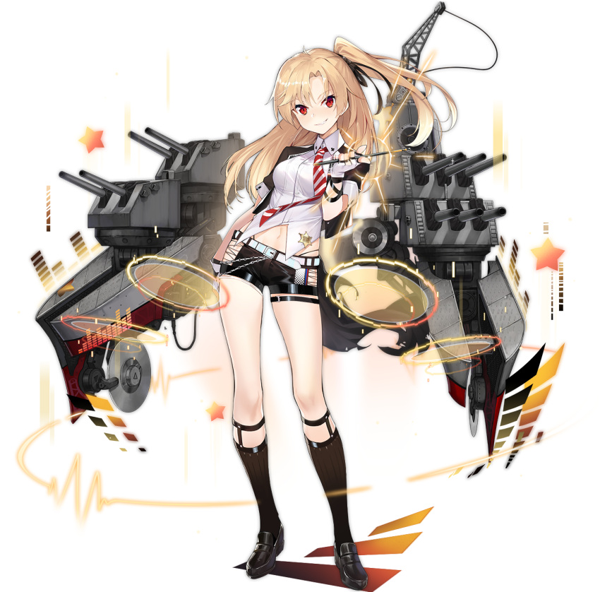1girl azur_lane belt black_footwear black_shorts blonde_hair breasts brown_legwear cleveland_(azur_lane) cleveland_(muse)_(azur_lane) collared_shirt fingerless_gloves full_body gloves hair_ribbon hao_(patinnko) highleg highres hip_vent holding idol kneehighs loafers long_hair looking_at_viewer machinery medium_breasts midriff navel necktie official_art one_side_up parted_lips red_eyes ribbon shirt shoes short_shorts short_sleeves shorts smile solo standing stomach striped striped_neckwear thigh_strap thighs transparent_background turret white_shirt