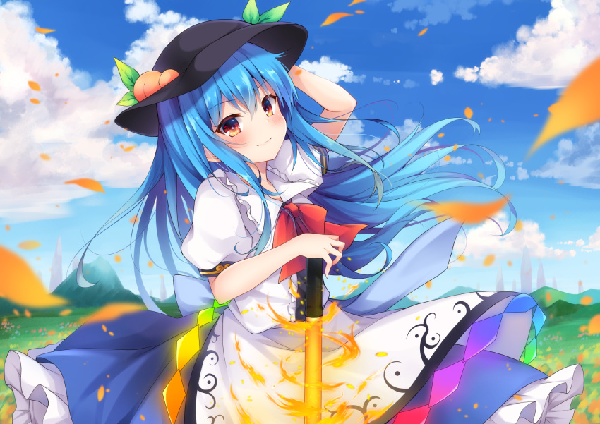 1girl arm_up bangs black_headwear blouse blue_hair blue_skirt blue_sky bow bowtie clouds commentary_request cowboy_shot day eyebrows_visible_through_hair flaming_sword food frilled_shirt_collar frills fruit hair_between_eyes hat highres hill hinanawi_tenshi leaf long_hair looking_at_viewer miy@ outdoors peach petticoat planted_sword planted_weapon puffy_short_sleeves puffy_sleeves red_bow red_eyes red_neckwear short_sleeves skirt sky smile solo standing sword sword_of_hisou touhou weapon white_blouse