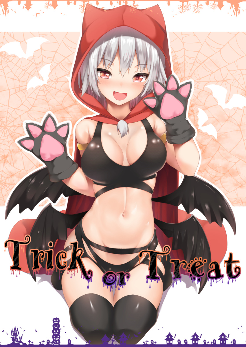 1girl :d alternate_costume armlet bangs bare_shoulders black_gloves black_legwear black_panties blush breasts commentary_request crop_top eyebrows_visible_through_hair gloves hair_between_eyes halloween hands_up highres hood inubashiri_momiji large_breasts looking_at_viewer midriff multiple_wings navel nose_blush open_mouth panties paw_gloves paws red_eyes short_hair silver_hair sitting smile solo sports_bra stomach tatsumiya_kagari thigh-highs thighs touhou trick_or_treat underwear white_background wings