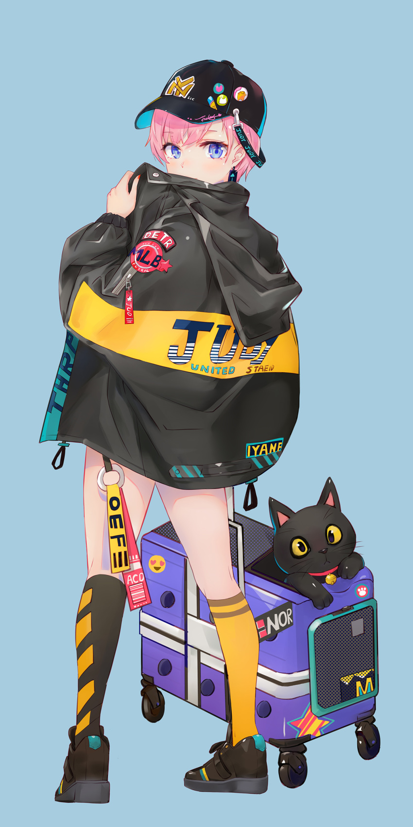 1girl absurdres asymmetrical_legwear black_cat blue_background blue_eyes blush cat collar earrings full_body go-toubun_no_hanayome hat highres jacket jewelry jiujiuyatou_(yayanzz) kneehighs legs looking_at_viewer luggage nail_polish nakano_ichika pink_hair red_nails short_hair simple_background solo yellow_eyes