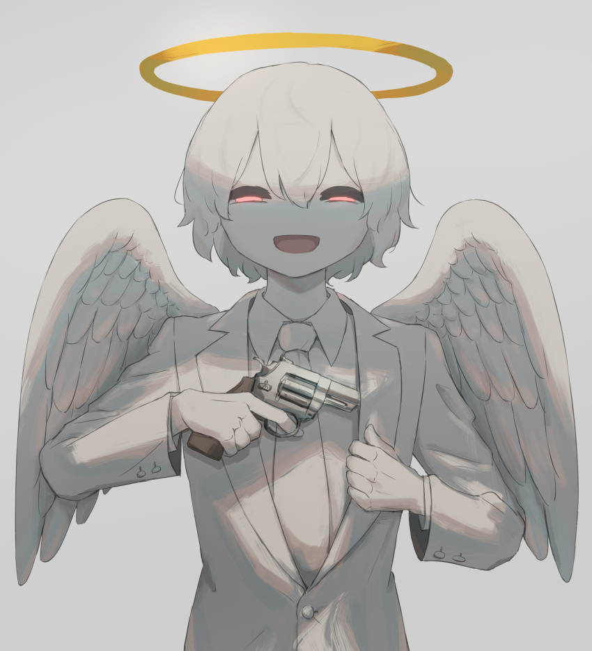 1other absurdres androgynous angel angel_wings avogado6 concealed_weapon formal gun halo handgun highres muted_color necktie original red_eyes revolver short_hair smile solo suit upper_body weapon white_hair wings
