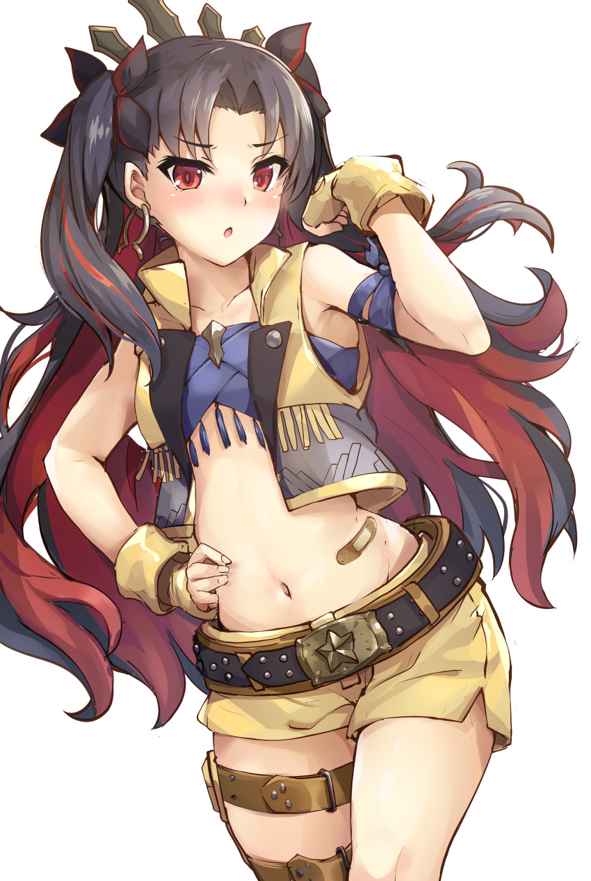 1girl :o absurdres bandaid bangs bare_shoulders belt belt_buckle black_belt black_hair blush buckle collarbone commentary_request eyebrows_visible_through_hair fate/grand_order fate_(series) fingerless_gloves gloves hair_ornament hand_on_hip highres ishtar_(fate/grand_order) long_hair looking_at_viewer multicolored_hair navel open_clothes open_vest parted_bangs parted_lips red_eyes redhead samoore short_shorts shorts simple_background solo space_ishtar_(fate) tiara two-tone_hair two_side_up v-shaped_eyebrows very_long_hair vest white_background yellow_gloves yellow_shorts yellow_vest