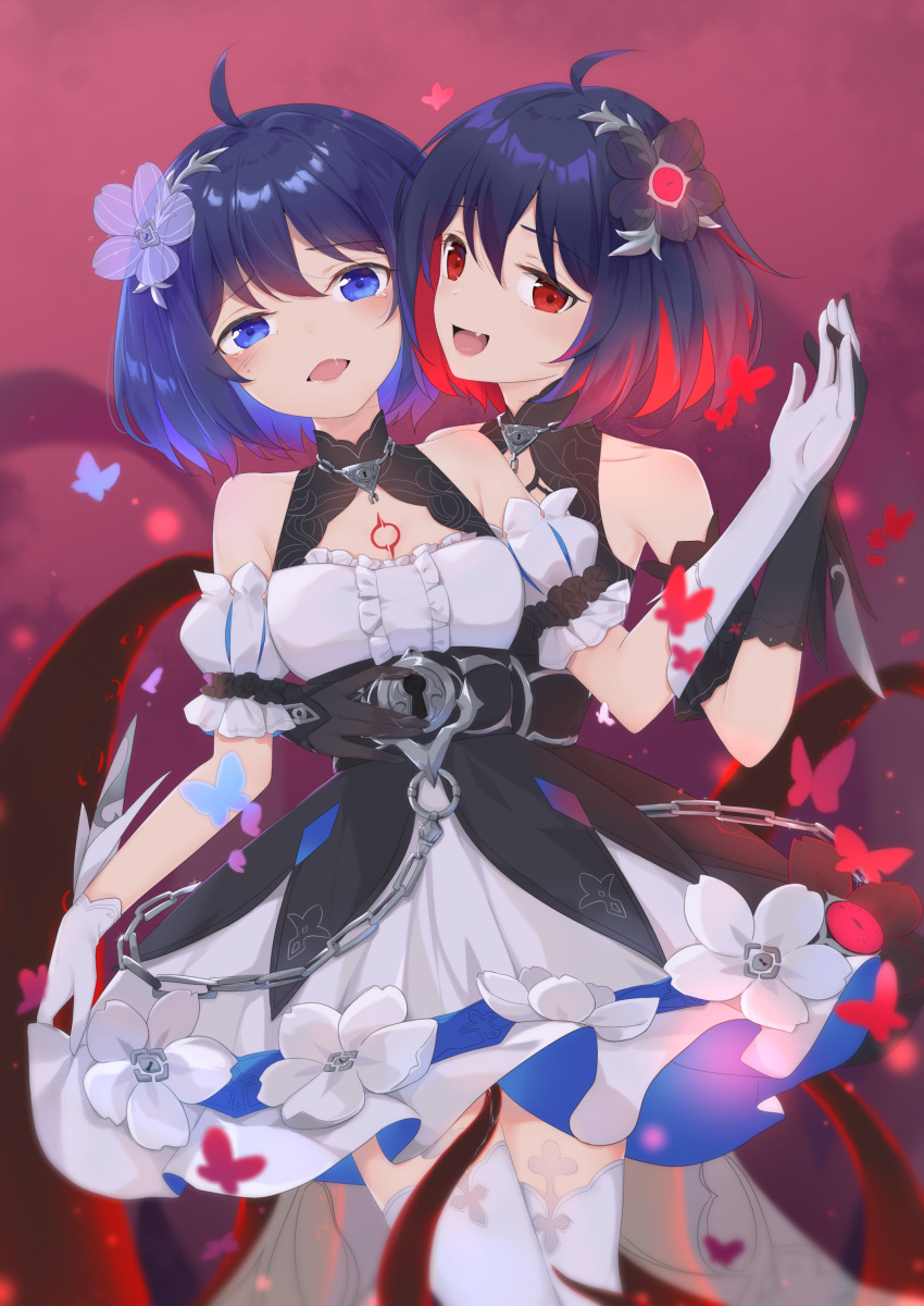 2girls :d absurdres ahoge asymmetrical_gloves bare_shoulders black_dress black_flower black_gloves blue_eyes blue_hair blush breasts bug butterfly center_frills chain commentary_request dark_persona detached_sleeves dress elbow_gloves fang flower frills fufumi gloves gradient_hair hair_flower hair_ornament highres honkai_(series) honkai_impact_3rd insect keyhole multicolored_hair multiple_girls open_mouth puffy_short_sleeves puffy_sleeves purple_hair red_eyes redhead saliva seele_vollerei short_sleeves single_elbow_glove small_breasts smile tears thigh-highs transparent two-tone_hair white_dress white_flower white_gloves white_legwear white_sleeves