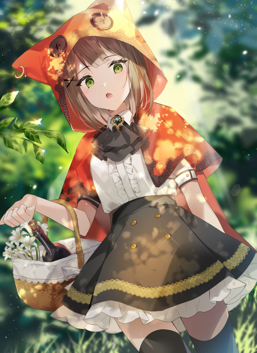 1girl :o arm_at_side ascot basket black_legwear black_neckwear black_skirt blurry blurry_background bottle brown_hair button_eyes cape center_frills cowboy_shot day depth_charge eyebrows_visible_through_hair flower forest frilled_skirt frills glint green_eyes hair_ornament hairclip highres hood hood_up hooded_cape leaf little_red_riding_hood little_red_riding_hood_(grimm) looking_at_viewer nature open_mouth original outdoors red_cape revision shirt short_hair short_sleeves skirt solo sunlight thigh-highs white_flower white_shirt wine_bottle x_hair_ornament yuhi_(hssh_6) zettai_ryouiki