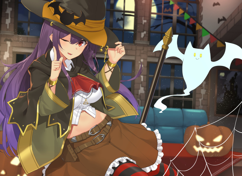 1girl ;d absurdres bangs belt black_legwear black_robe bracelet breasts brown_belt brown_skirt commentary_request flower full_moon hair_ornament hand_on_headwear hands_up hat highres huge_filesize index_finger_raised indoors jack-o'-lantern jewelry large_breasts long_hair long_sleeves looking_at_viewer midriff miniskirt moon navel night night_sky one_eye_closed open_mouth original pantyhose petticoat phano_(125042) purple_hair red_eyes red_legwear robe shirt sidelocks skirt sky smile solo spider_lily striped striped_legwear white_shirt wide_sleeves window witch_hat