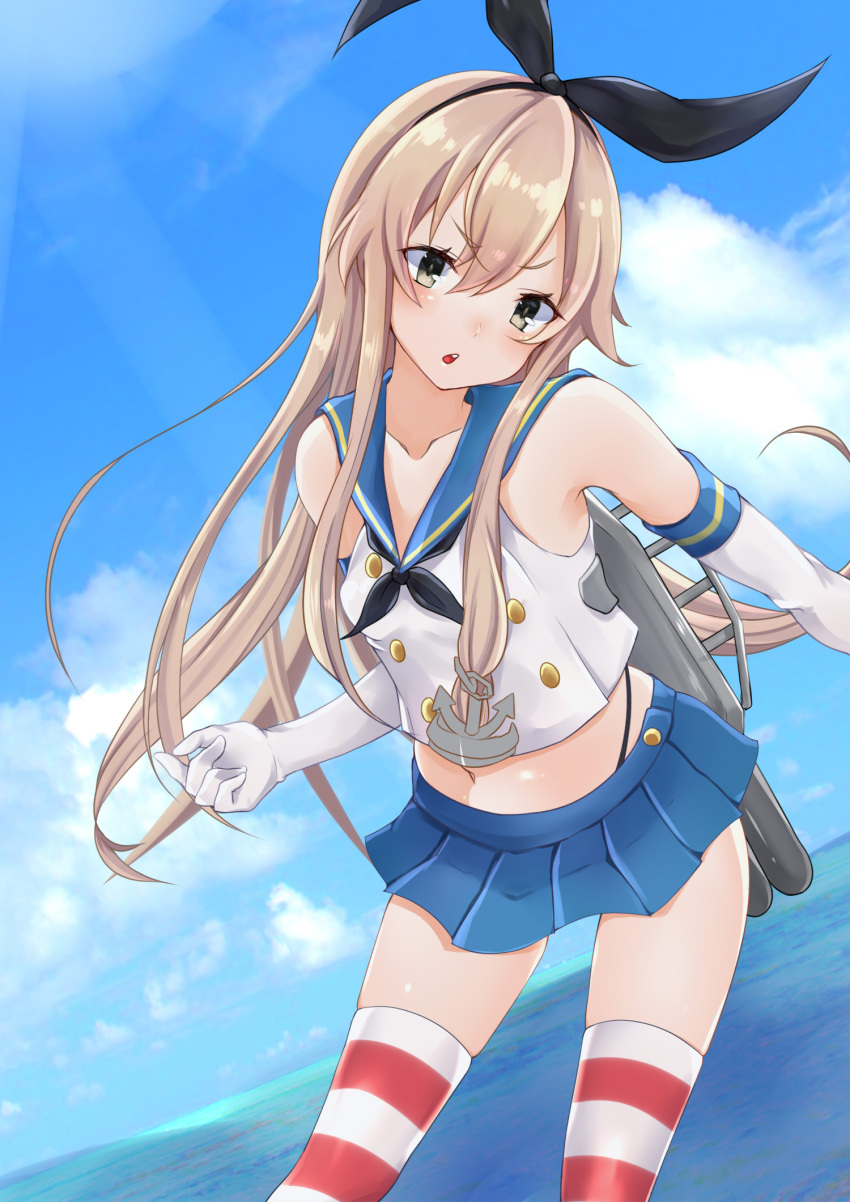 1girl bare_shoulders blue_sailor_collar blue_skirt blue_sky brown_hair buttons clouds collarbone commentary_request crop_top day elbow_gloves gloves grey_eyes hair_between_eyes hairband highleg highres horizon kantai_collection long_hair looking_at_viewer midriff miniskirt navel neckerchief ocean outdoors parted_lips pleated_skirt roriwanko sailor_collar school_uniform serafuku shimakaze_(kantai_collection) shirt skirt sky sleeveless sleeveless_shirt solo striped striped_legwear thigh-highs thong v-shaped_eyebrows very_long_hair white_gloves white_shirt zettai_ryouiki