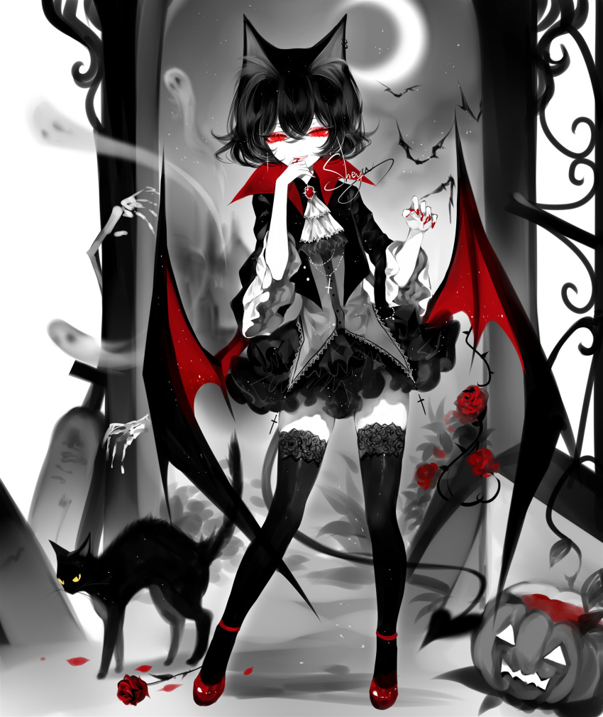 1girl animal_ears bangs bat black_cat black_hair cat cat_ears crescent_moon crossed_bangs demon_tail flower frilled_skirt frills ghost gothic hair_between_eyes halloween highres jack-o'-lantern jewelry looking_at_viewer low_wings moon necklace original red_eyes rose sheya short_hair signature skirt solo spot_color tail thigh-highs wings