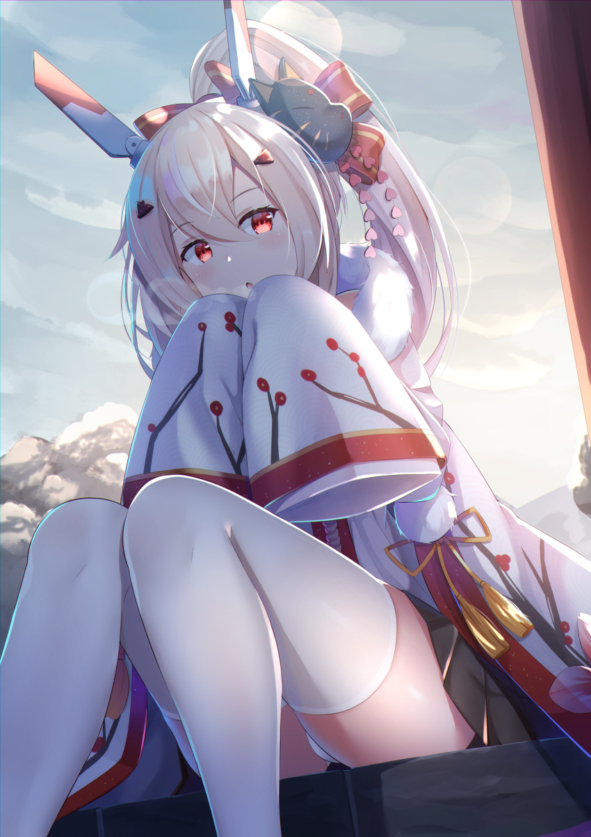 1girl alternate_costume ayanami_(azur_lane) azur_lane bandaid_on_arm black_skirt blonde_hair blush breath clouds cloudy_sky crown dawn eyebrows_visible_through_hair f_(milfaaaaa) hair_between_eyes headgear high_ponytail highres japanese_clothes kimono light_brown_hair long_sleeves looking_at_viewer mini_crown orange_eyes outdoors panties pantyshot pantyshot_(sitting) ponytail red_eyes shrine sitting skirt sky solo stairs sunlight thigh-highs torii underwear white_legwear white_panties wide_sleeves zettai_ryouiki