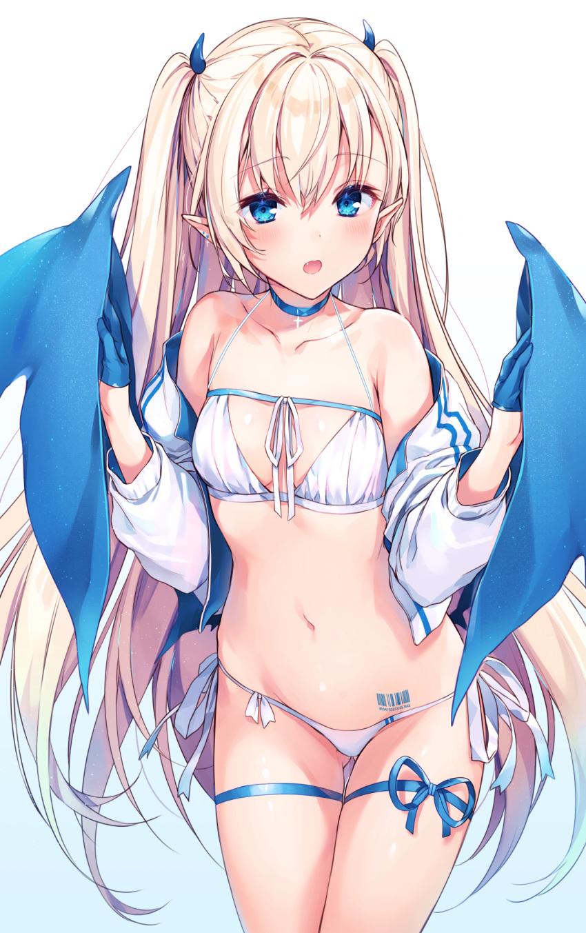 1girl :o ass_visible_through_thighs bangs barcode_tattoo bare_shoulders bikini blonde_hair blue_background blue_eyes blue_gloves blush breasts choker collarbone cowboy_shot demon_girl demon_wings gloves halterneck highres jacket komeshiro_kasu long_hair long_sleeves looking_at_viewer navel off_shoulder open_clothes open_jacket open_mouth original pointy_ears side-tie_bikini sidelocks small_breasts solo stomach swimsuit tattoo thigh_strap two_side_up white_bikini white_jacket wings