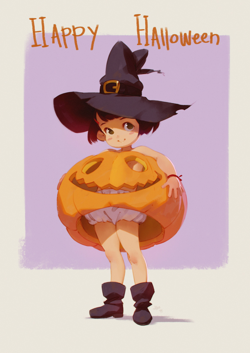 1girl alkemanubis bloomers blush boots border brown_hair english_commentary green_eyes hair_ornament hairclip halloween happy_halloween hat highres jack-o'-lantern looking_at_viewer original short_hair smile solo standing two-tone_background underwear white_border witch_hat