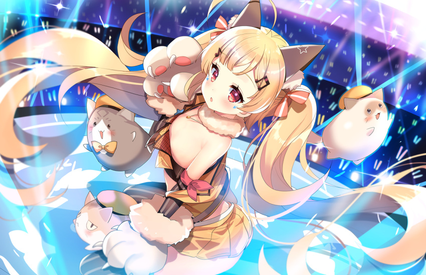 1girl ahoge animal_ears azur_lane bare_shoulders blonde_hair blush bow cat commentary_request crop_top eldridge_(azur_lane) eyebrows_visible_through_hair facial_mark flat_chest floating_hair fur_collar fur_trim gloves glowstick hair_bow hair_ornament hairclip kurot long_hair looking_at_viewer meowfficer_(azur_lane) midriff miniskirt musical_note_hair_ornament orange_skirt parted_lips paw_gloves paws pleated_skirt red_eyes skirt solo stage_lights thigh-highs twintails very_long_hair